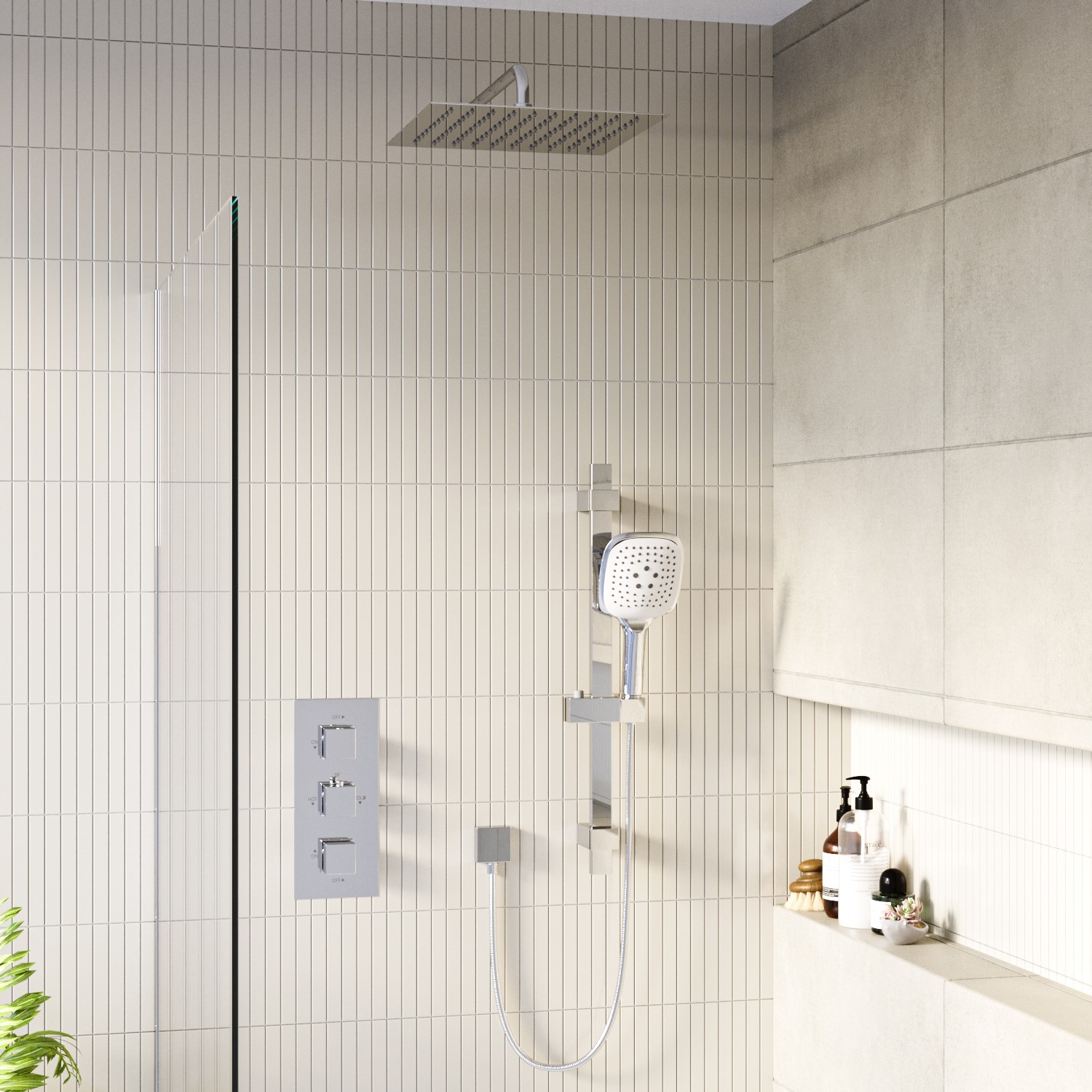 Concealed Thermostatic Mixer Shower with Slim Square Wall Mounted Shower Head & Handset - Cube