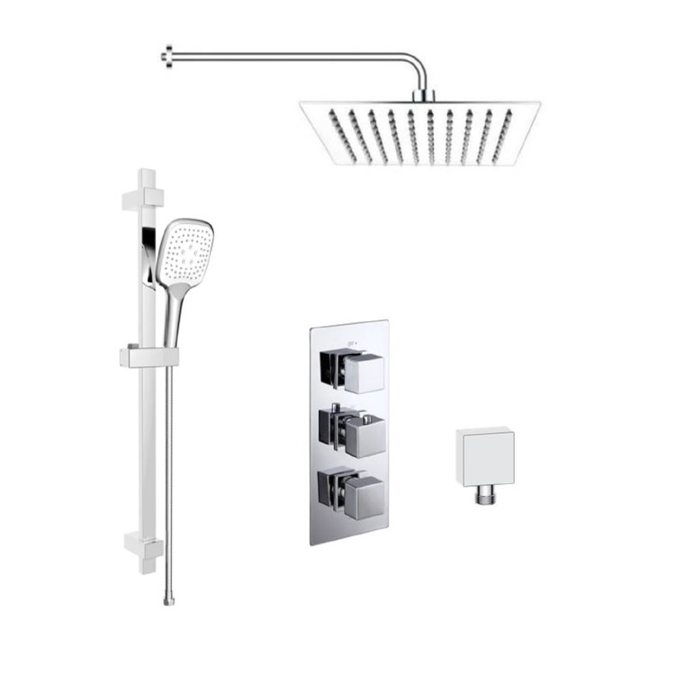 Chrome Dual Outlet Thermostatic Mixer Shower with Square Wall Mounted Shower Head and Handset - Cube