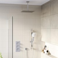 Chrome Dual Outlet Thermostatic Mixer Shower with Square Ceiling Mounted Shower Head and Handset - Cube