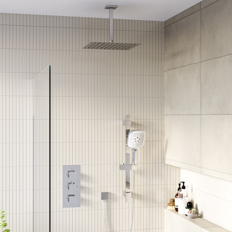 Chrome Dual Outlet Thermostatic Mixer Shower with Square Ceiling Mounted Shower Head and Handset - Cube