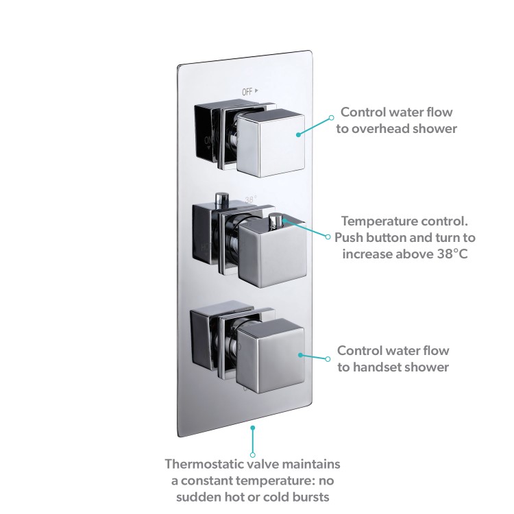 Chrome Dual Outlet Thermostatic Mixer Shower with Square Ceiling Mounted Shower Head and Handset - Cube