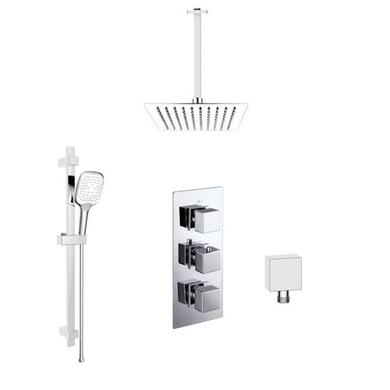 Chrome Dual Outlet Thermostatic Mixer Shower with Square Ceiling Mounted Shower Head and Handset - Cube