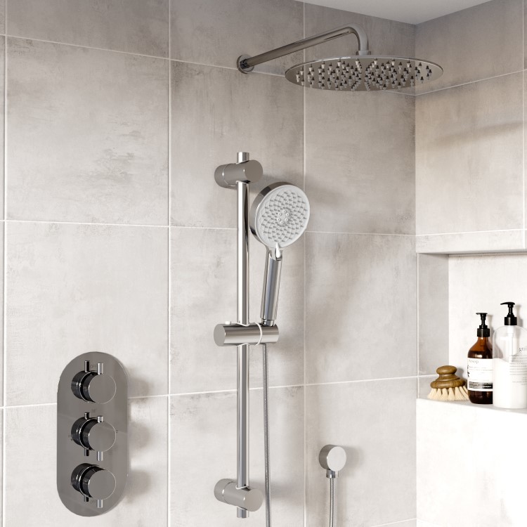 Chrome 2 Outlet  Wall Mounted Thermostatic Mixer Shower Set with Hand Shower - Flow
