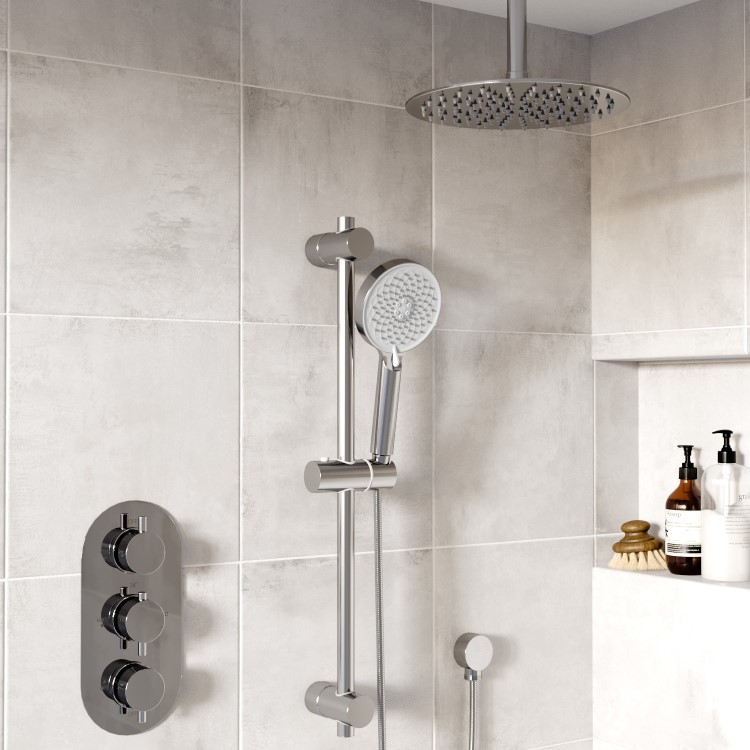 Chrome 2 Outlet  Ceiling Mounted Thermostatic Mixer Shower Set with Hand Shower - Flow