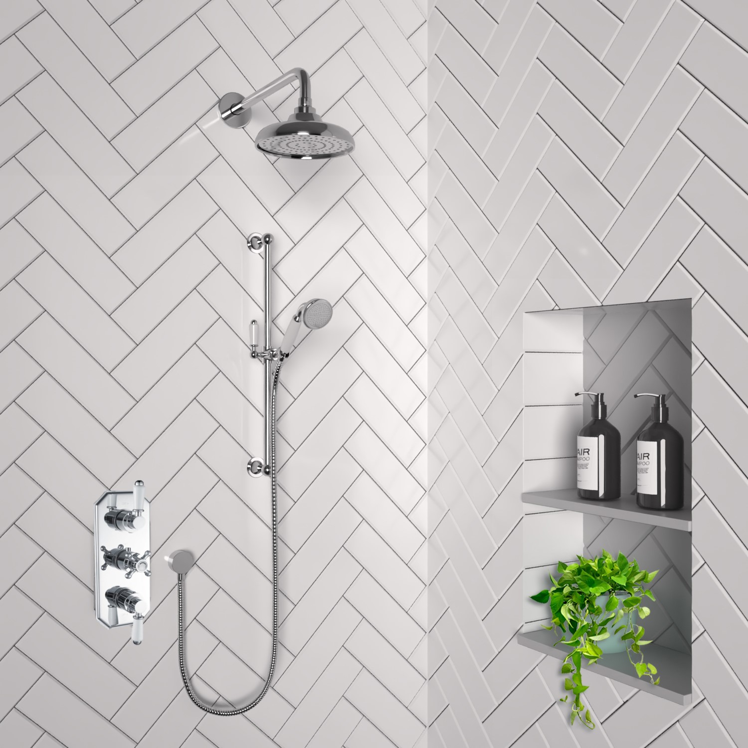 Traditional Three Handle Concealed Thermostatic Mixer Shower with Wall Mounted Shower Head & Round H