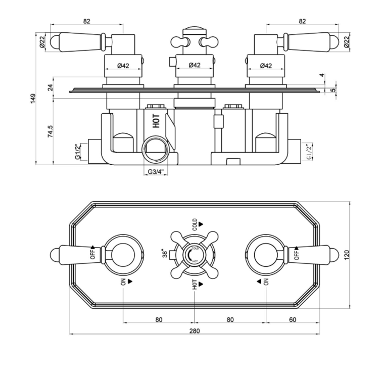 Chrome 2 Outlet  Wall Mounted Thermostatic Mixer Shower Set with Hand Shower - Cambridge