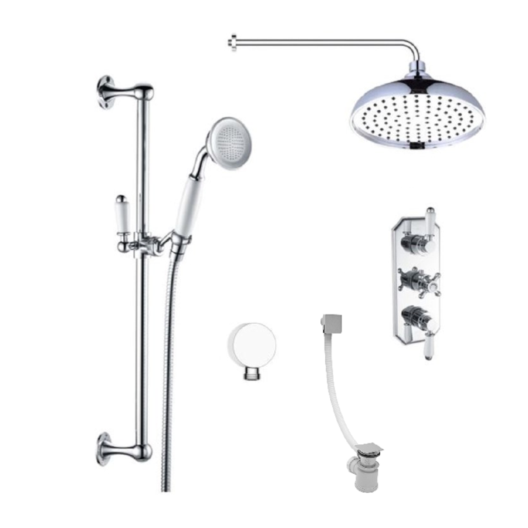 Traditional Three Handle Concealed Thermostatic Mixer Shower with Wall Mounted Shower Head Handset & Bath Filler - Cambridge