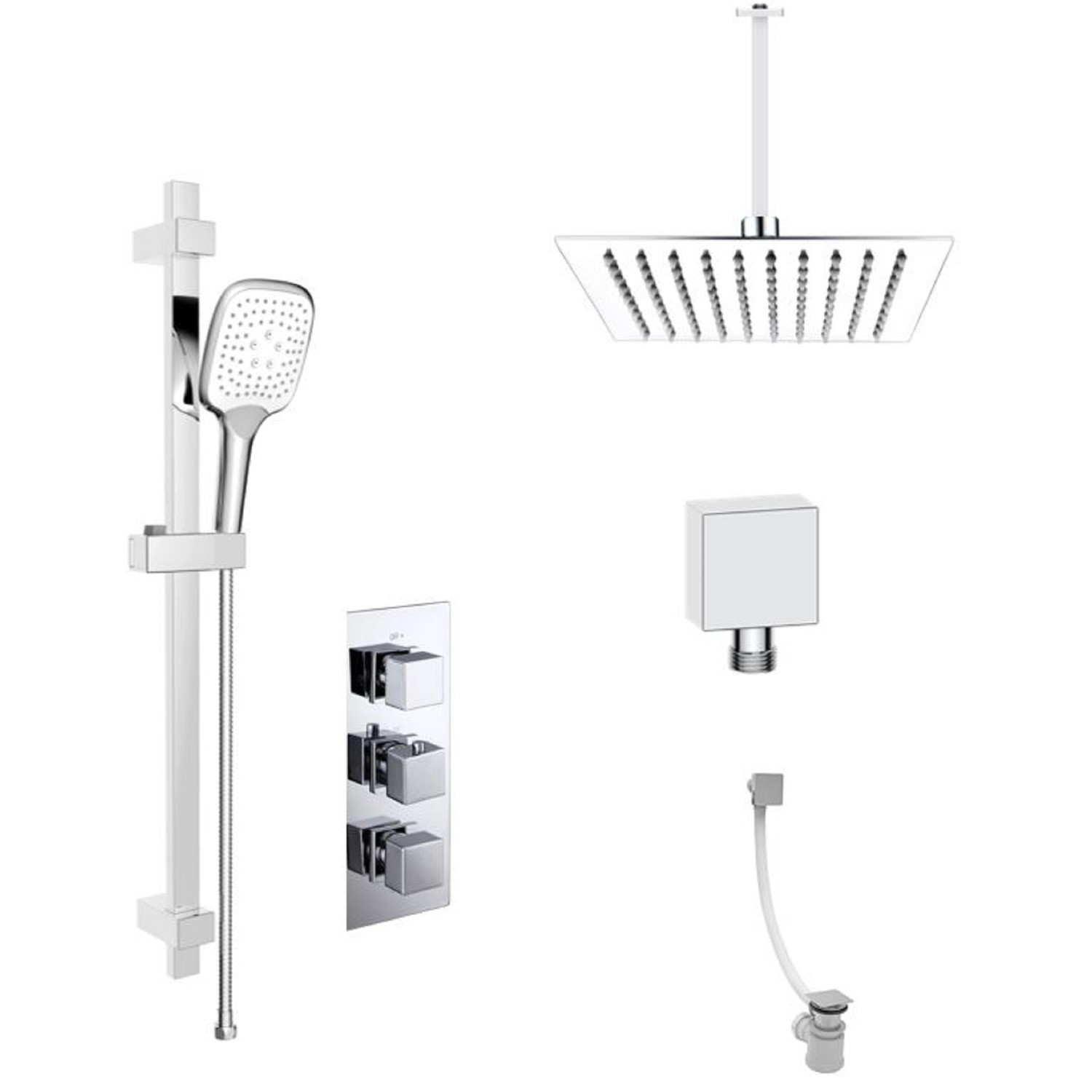 Concealed Thermostatic Mixer Shower with Slim Rainfall Overhead Handset & Bath Filler - Cube