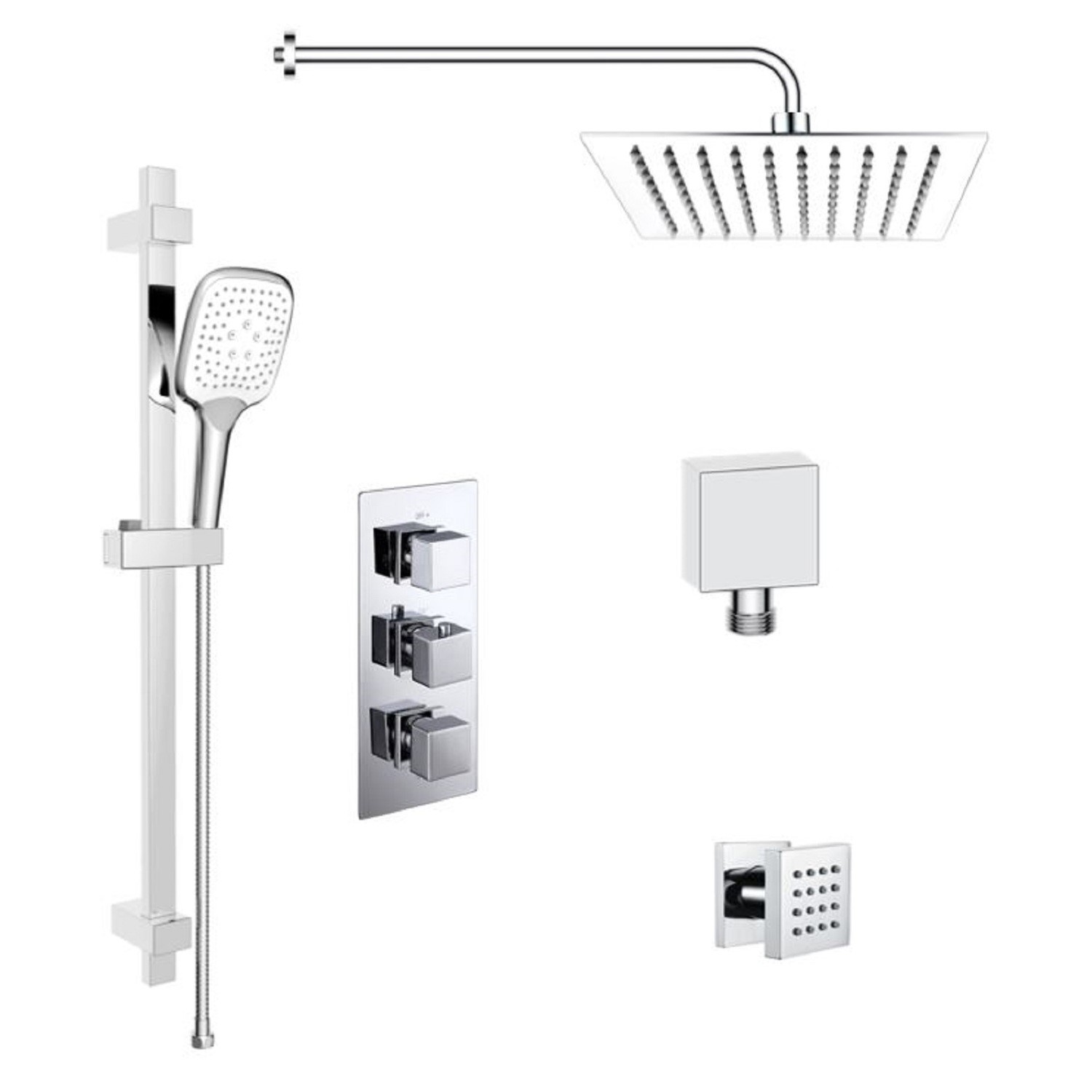Cube Concealed Square Triple Outlet Shower Valve with 300mm Ultra Slim Shower Head Wall Arm 3 Functi