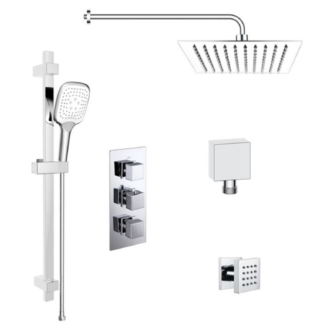 Chrome Concealed Shower Mixer with Triple Control & Square Wall Mounted Head, Handset and Body Jets - Cube