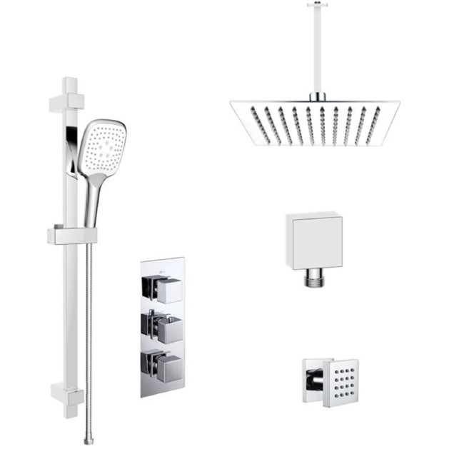 Chrome Concealed Shower Mixer with Triple Control & Square Ceiling Mounted Head, Handset and Body Jets - Cube