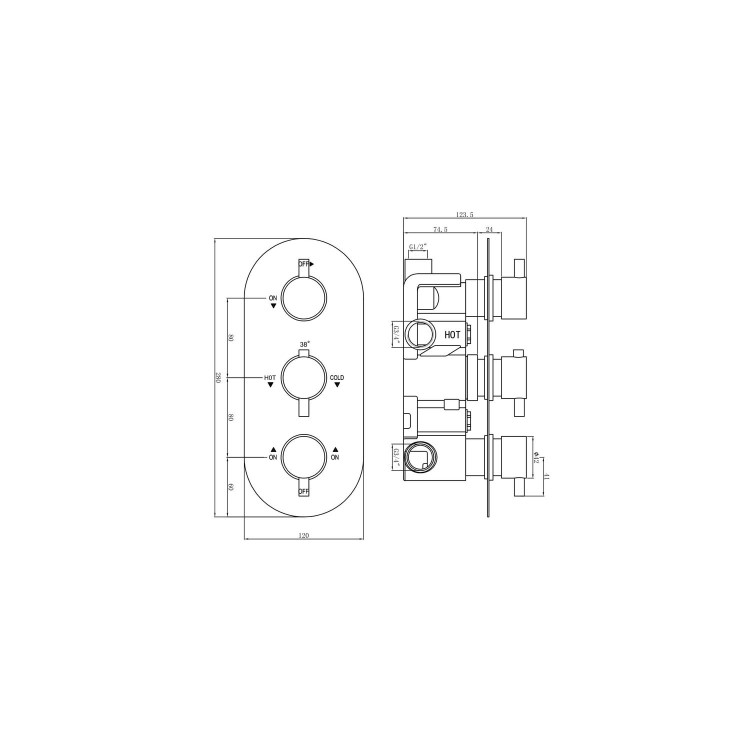 Chrome Concealed Shower Mixer with Triple Control & Square Wall Mounted Head, Handset and Body Jets - Flow