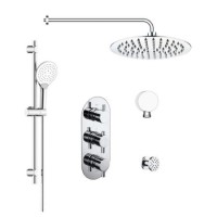 Chrome Concealed Shower Mixer with Triple Control & Square Wall Mounted Head, Handset and Body Jets - Flow Chrome Concealed Shower Mixer with Triple Control & Square Wall Mounted Head, Handset and Body Jets - Flow