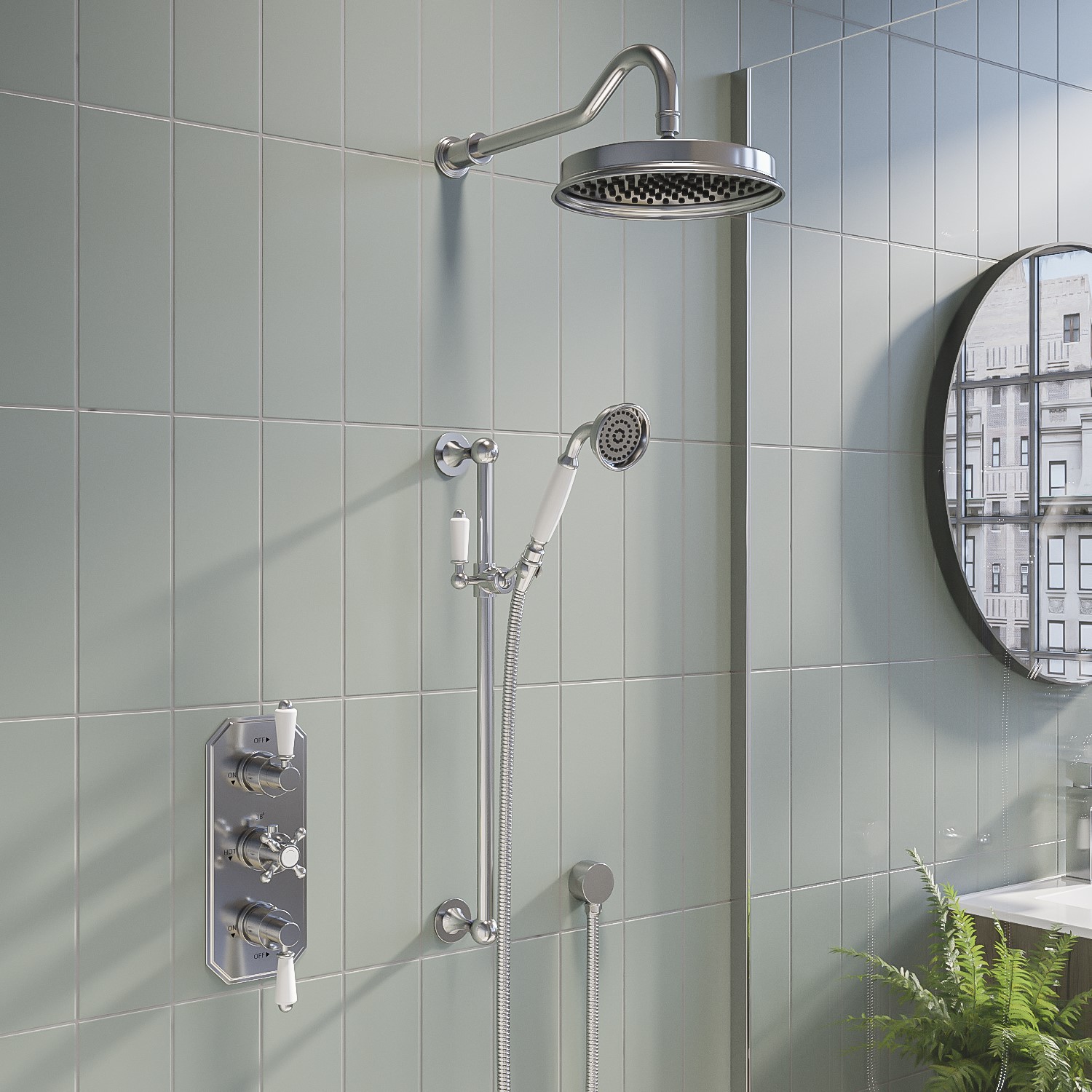 Traditional Two Handle Concealed Thermostatic Mixer Shower with Wall Mounted Shower Head Handset & B