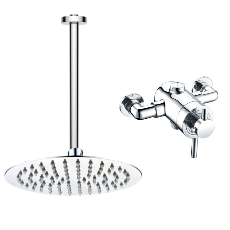 Chrome Thermostatic Exposed Mixer Shower with Round Ceiling Mounted Shower Head- Volta