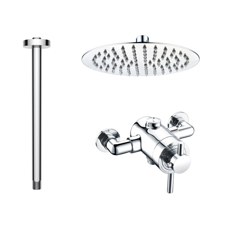 Chrome Thermostatic Exposed Mixer Shower with Round Ceiling Mounted Shower Head- Volta