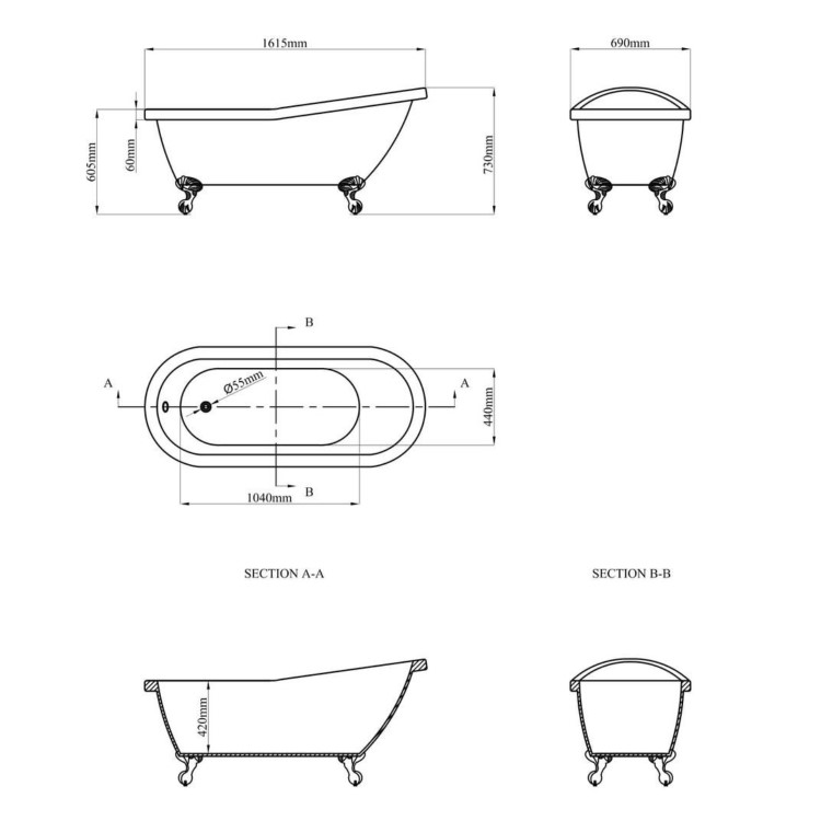 Blue Freestanding Single Ended Roll Top Slipper Bath with White Feet 1615 x 690mm - Baxenden