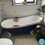 Blue Freestanding Single Ended Roll Top Slipper Bath with White Feet 1615 x 690mm - Baxenden