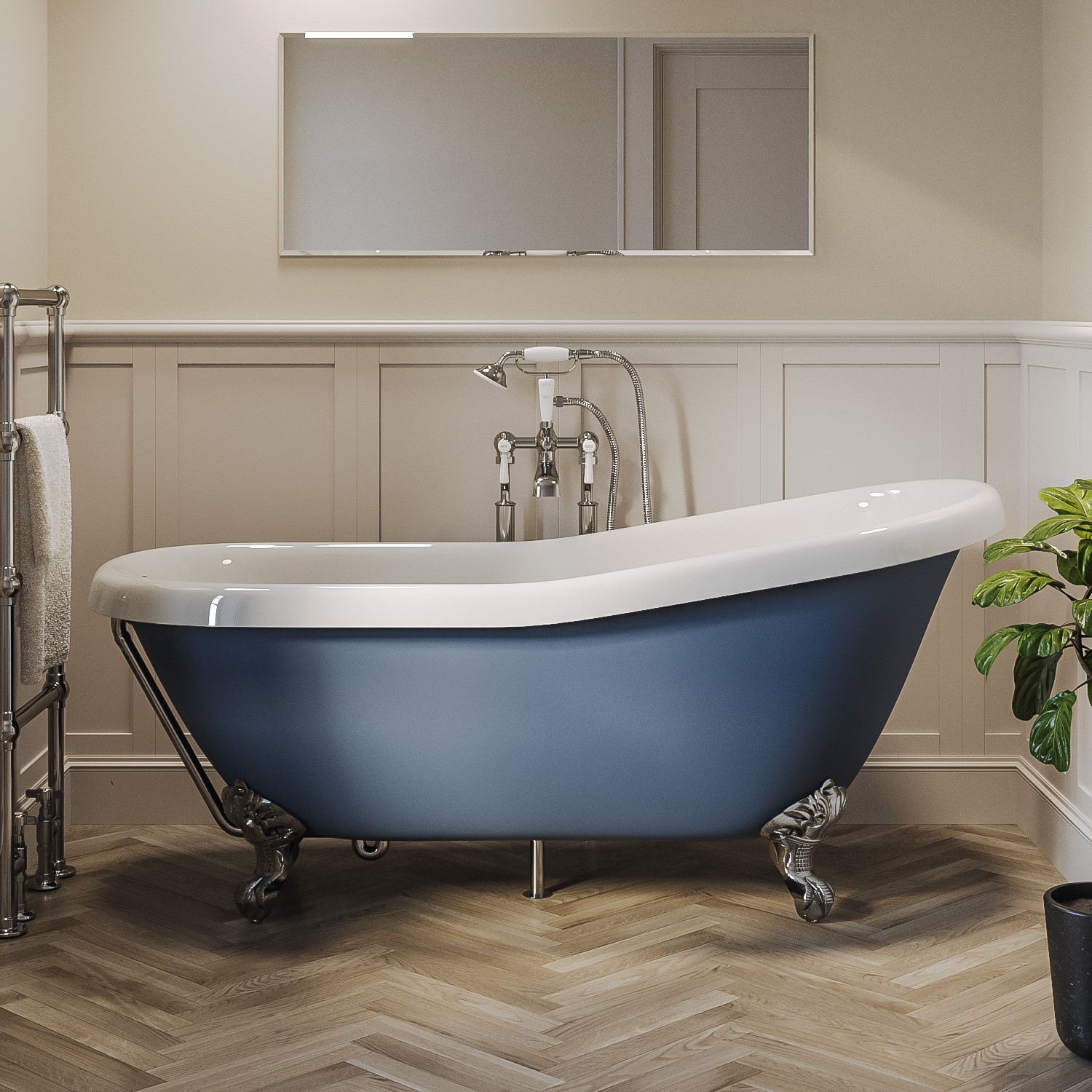 Blue Freestanding Single Ended Roll Top Slipper Bath with Chrome Feet 1615 x 690mm - Baxenden