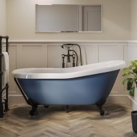 Blue Freestanding Single Ended Roll Top Slipper Bath with Black Feet 1615 x 690mm - Baxenden Blue Freestanding Single Ended Roll Top Slipper Bath with Black Feet 1615 x 690mm - Baxenden