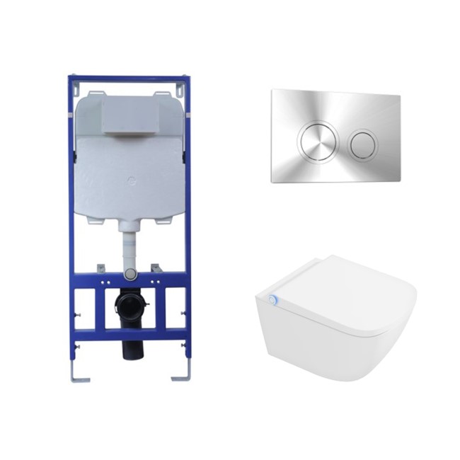 Wall Hung Smart Bidet Toilet Square with Frame Cistern and Chrome Flush Plate - Purificare