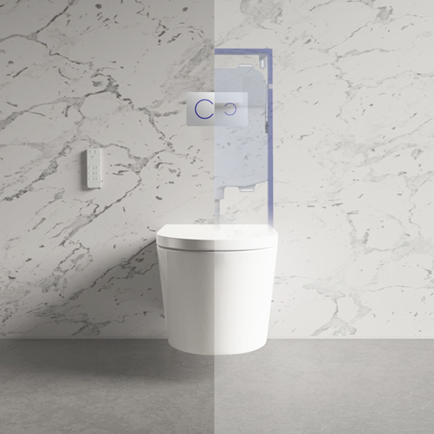 Wall Hung Smart Bidet Toilet Round with White Sensor Flush Plate Frame and Cistern - Purificare