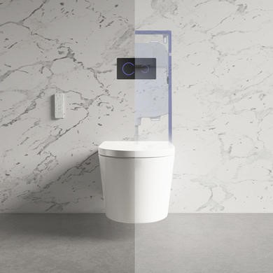 Wall Hung Smart Bidet Toilet Round with Black Sensor Flush Plate Frame and Cistern - Purificare
