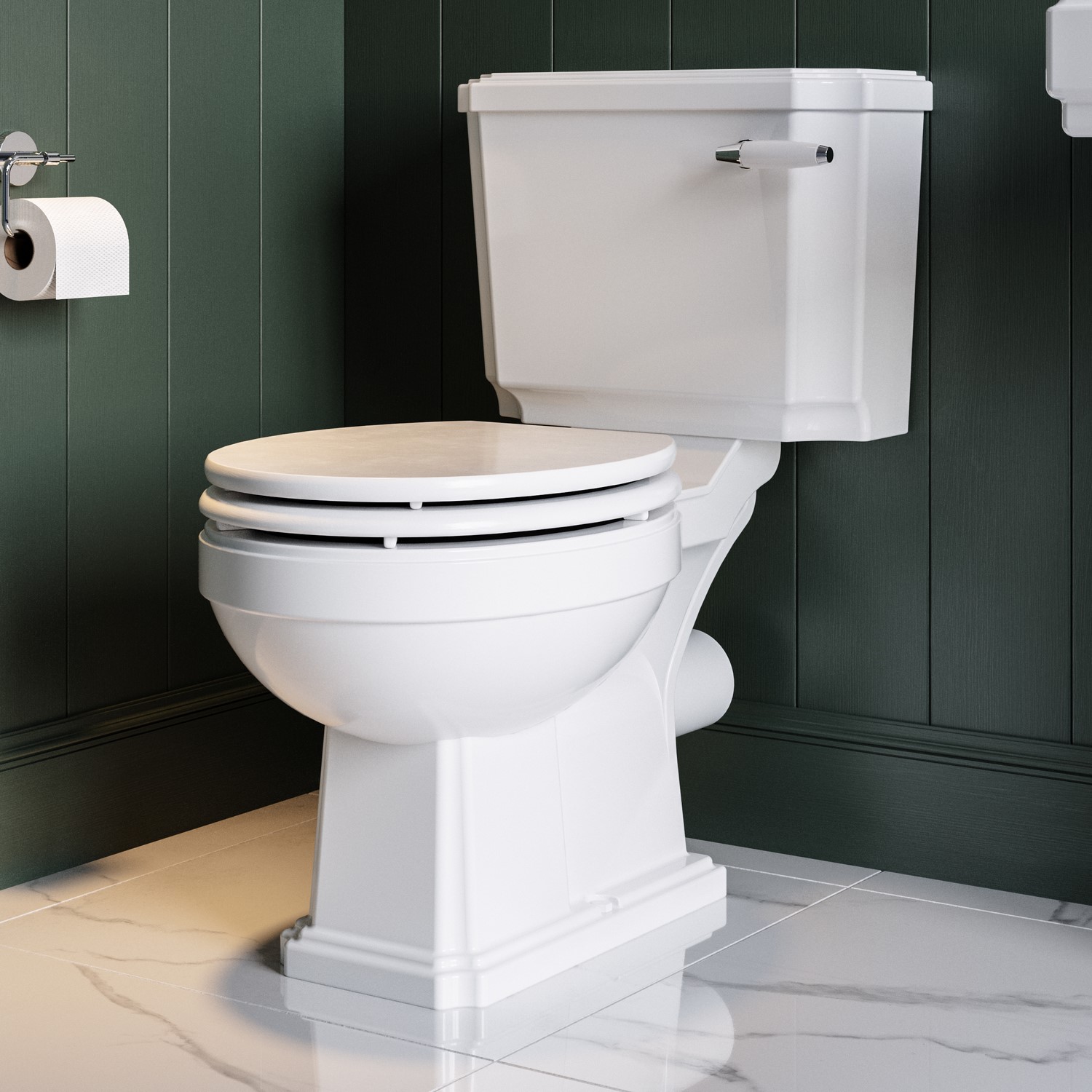 Traditional Close Coupled Toilet Wooden Soft Close Seat & Chrome Fittings