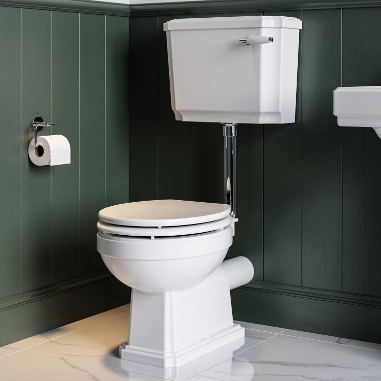 Close Coupled Traditional Low Level Short Projection Toilet with Wooden Soft Close Seat & Chrome Fittings - Park Royal