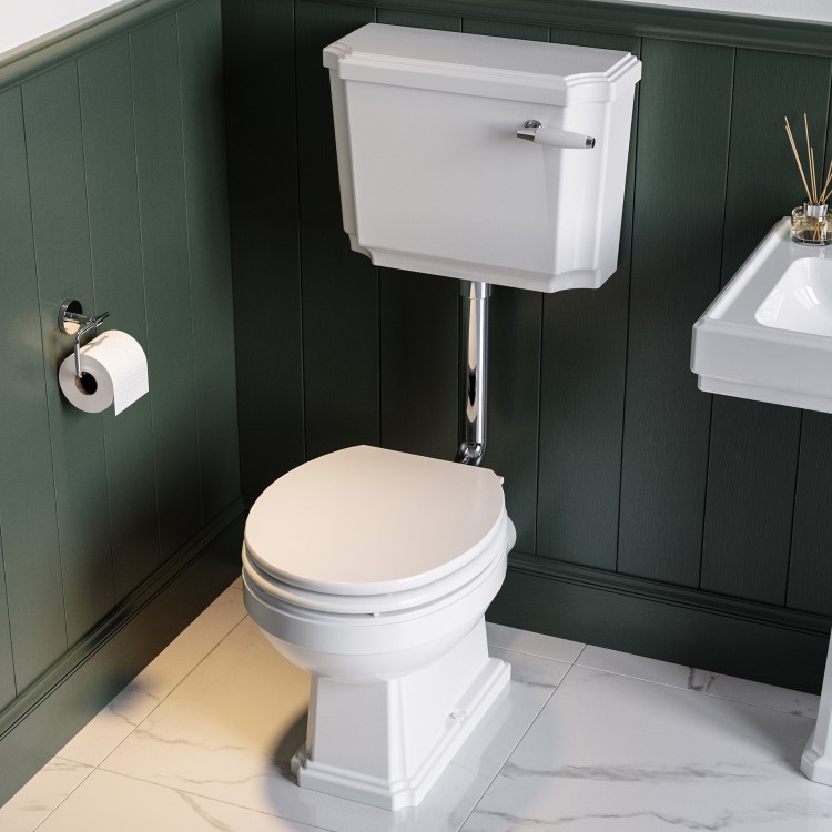 Close Coupled Traditional Low Level Short Projection Toilet with Wooden Soft Close Seat & Chrome Fittings - Park Royal
