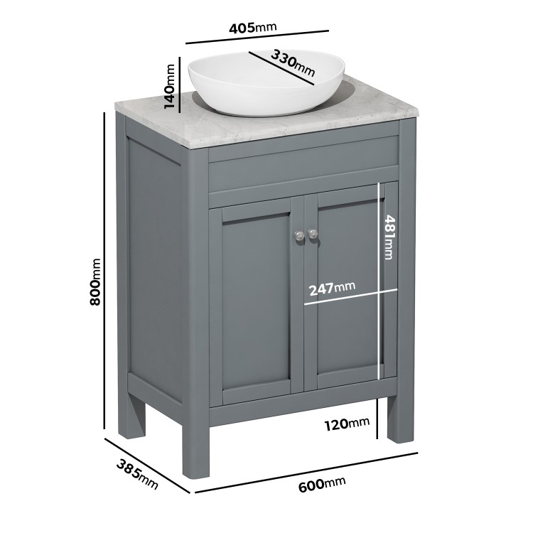 600mm Grey Freestanding Countertop Vanity Unit with Basin - Avebury