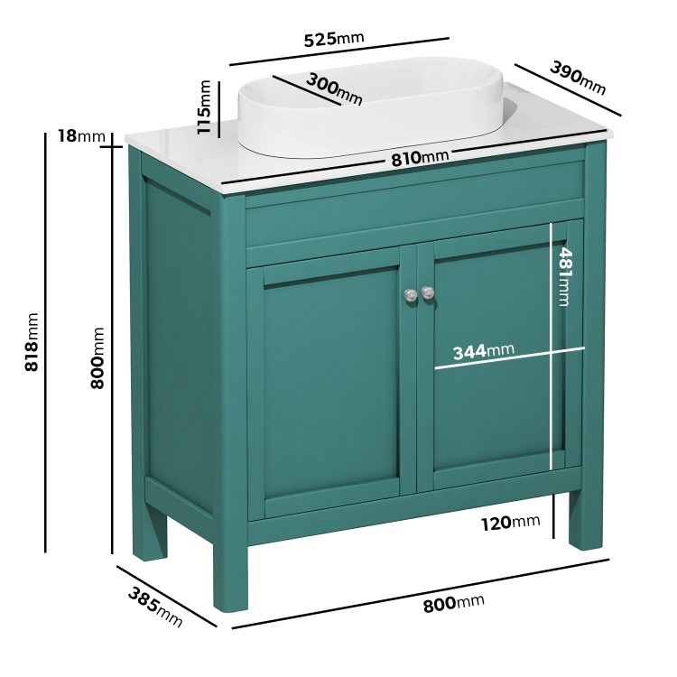 800mm Jewel Teal Freestanding Countertop Vanity Unit with Basin - Avebury