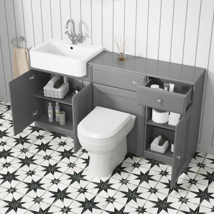 1600mm Grey Toilet and Sink Unit with Traditional Toilet and Storage Unit - Westbury