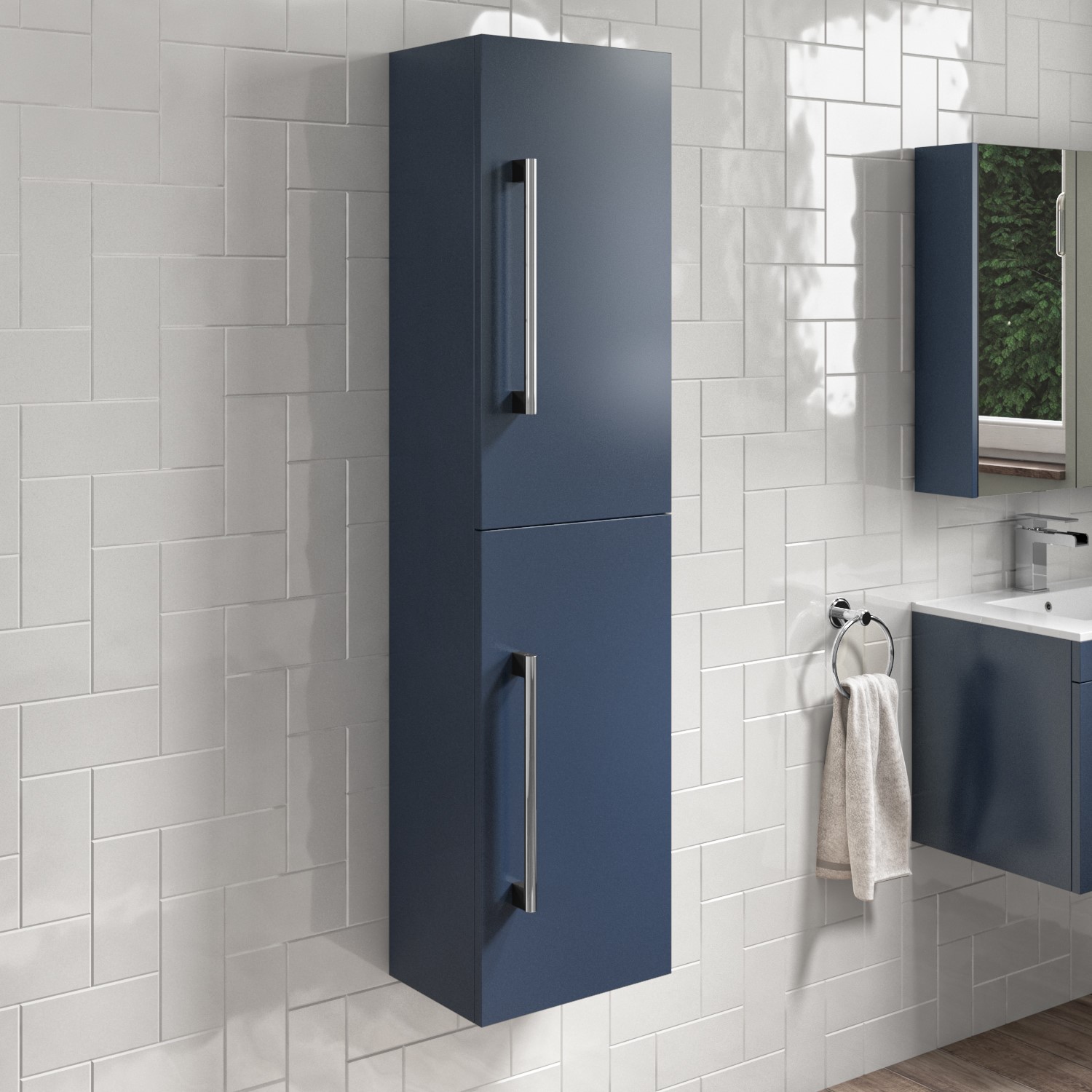 Blue Wall Mounted Tall Bathroom Cabinet with Brass Handles 350mm - Ashford