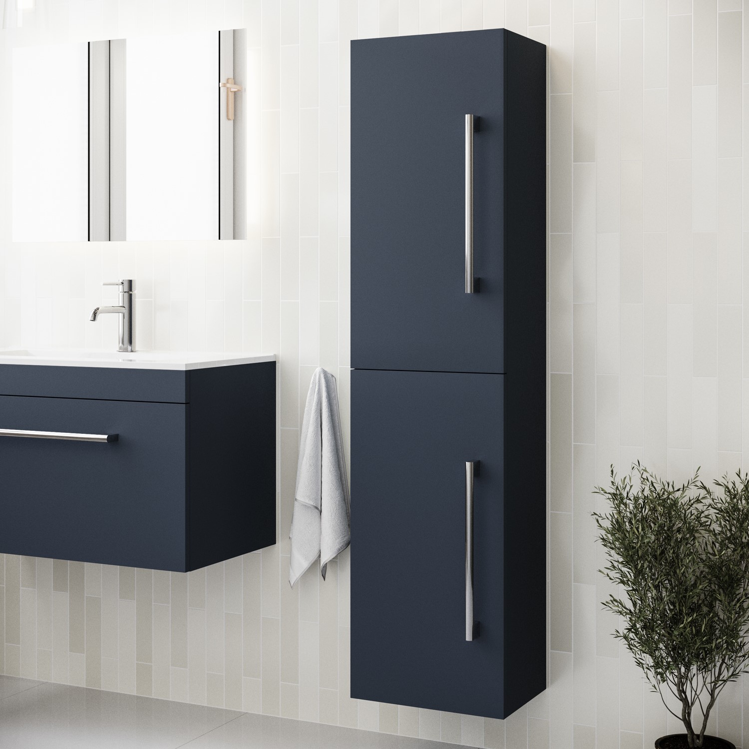 Blue Wall Mounted Tall Bathroom Cabinet with Chrome Handles 350mm - Ashford