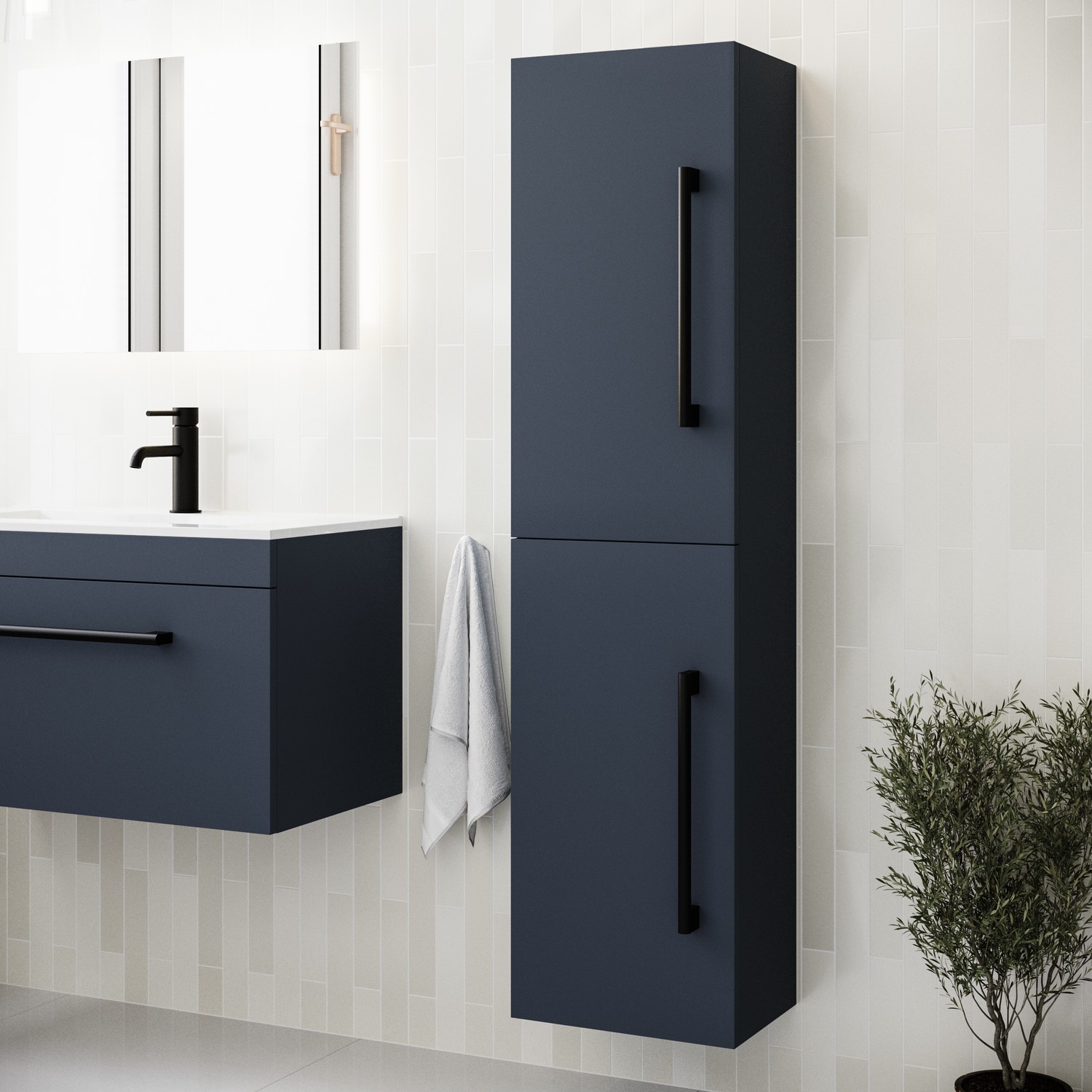 Blue Wall Mounted Tall Bathroom Cabinet with Black Handles 350mm - Ashford