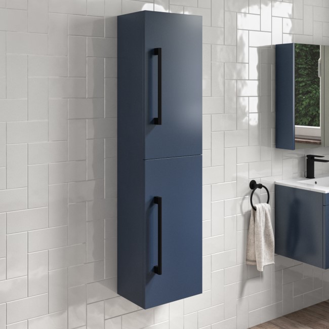Double Door Blue Wall Mounted Tall Bathroom Cabinet with Black Handles 350 x 1400mm - Ashford