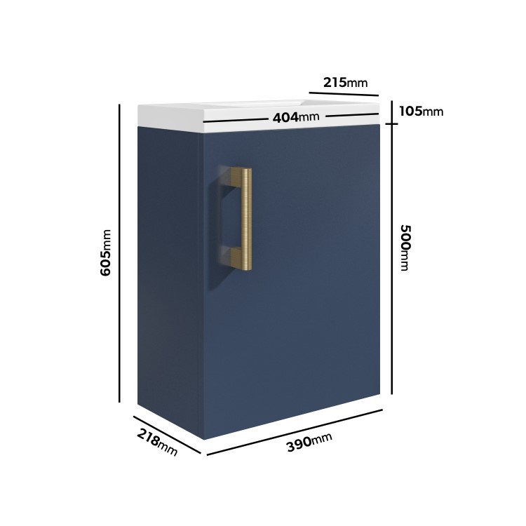 400mm Blue Cloakroom Wall Hung Vanity Unit with Basin and Brass Handle - Ashford
