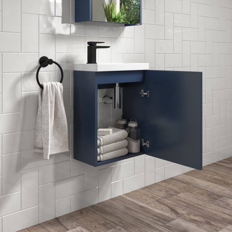 400mm Blue Cloakroom Wall Hung Vanity Unit with Basin and Black Handle - Ashford