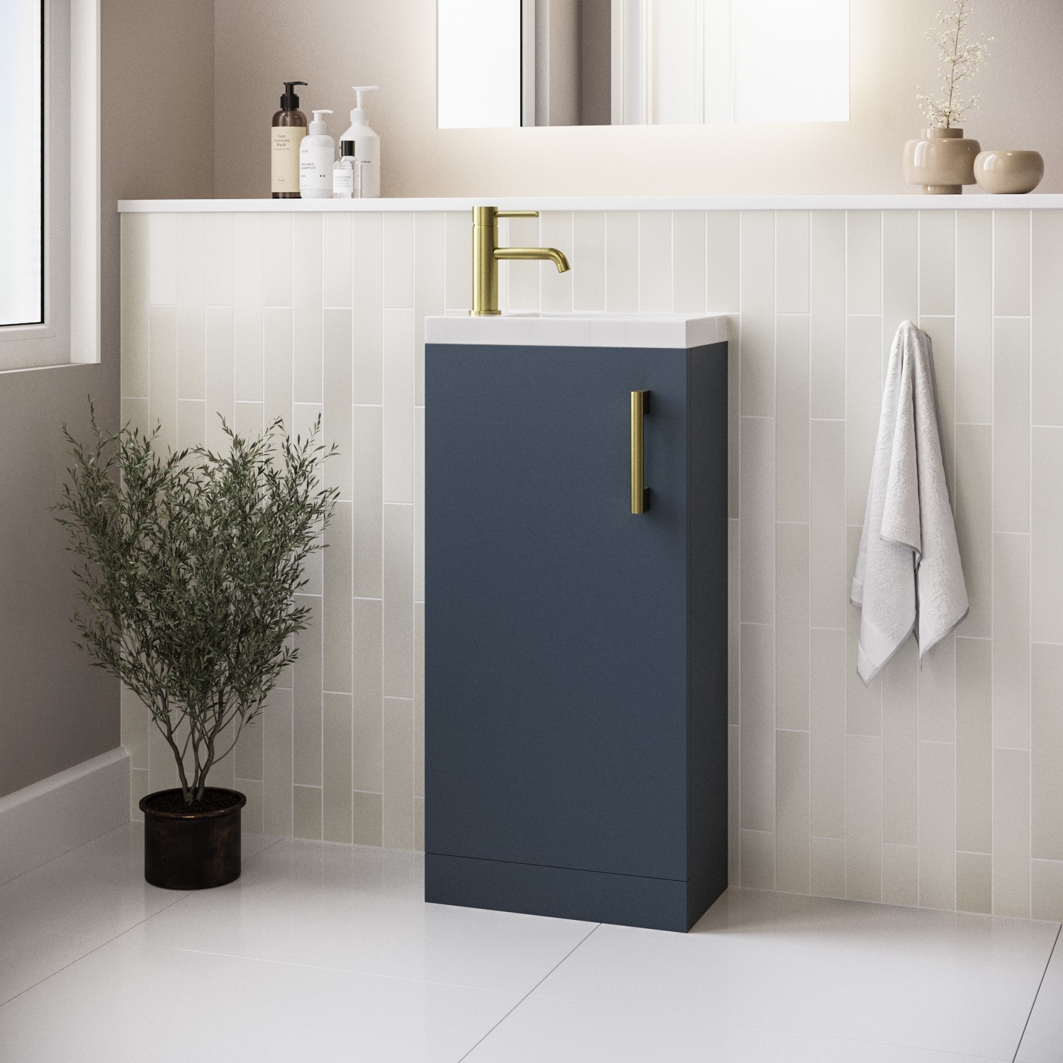 400mm Blue Cloakroom Vanity Unit with Basin and Brass Handle - Ashford