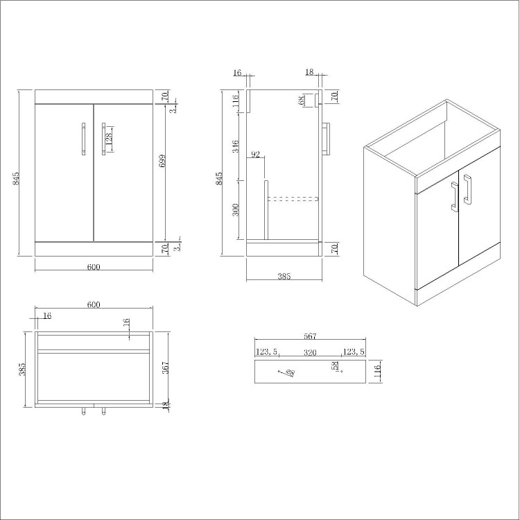 600mm Grey Freestanding Vanity Unit with Basin and Black Handle - Ashford