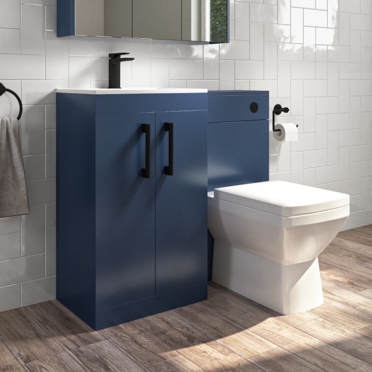 1100mm Blue Toilet and Sink Unit with Square Toilet and Black Fittings - Ashford