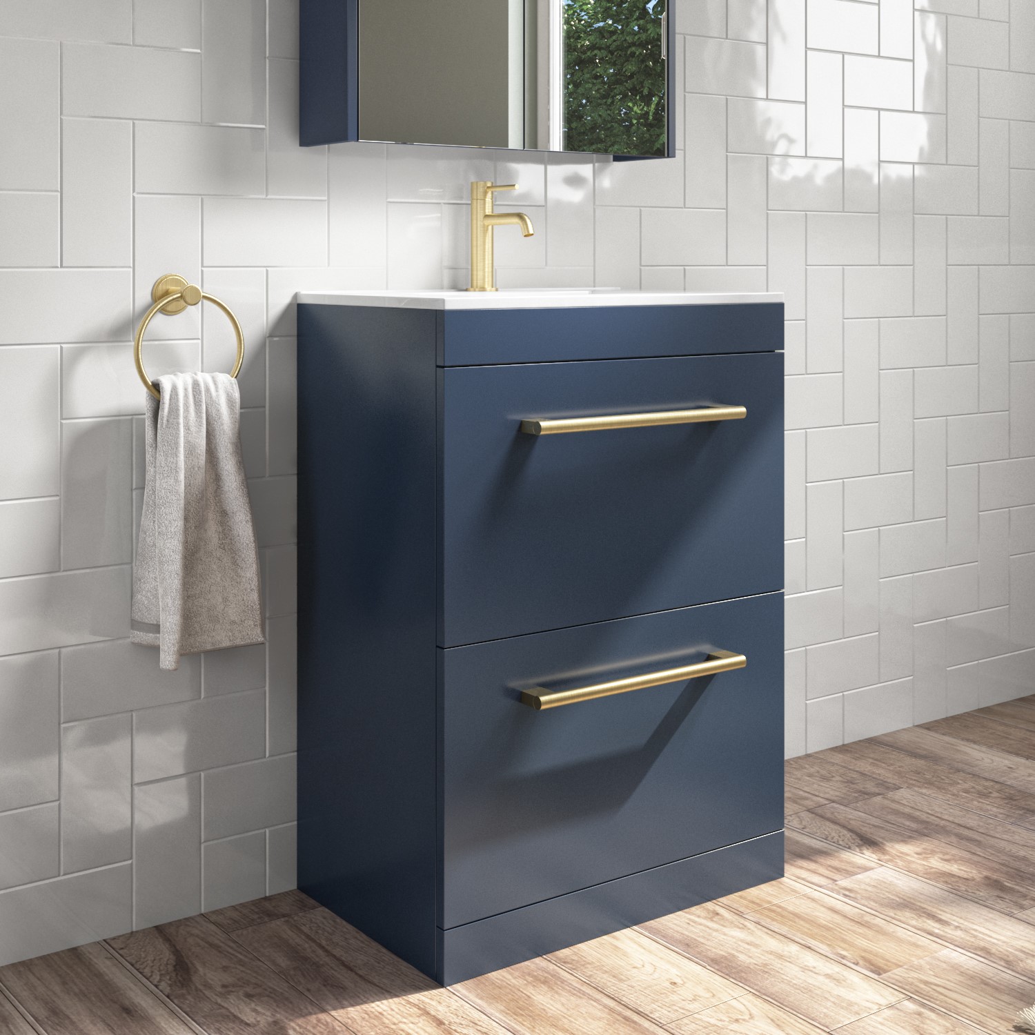 1100mm Blue Toilet and Sink Unit with Round Toilet Drawers and Brass Fittings - Ashford