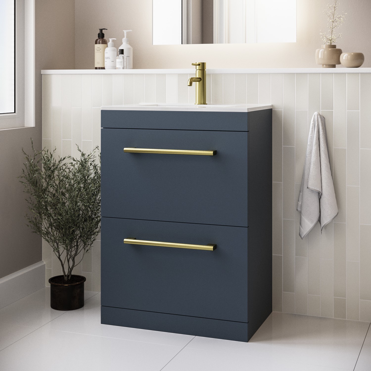 1100mm Blue Toilet and Sink Unit with Round Toilet Drawers and Brass Fittings - Ashford