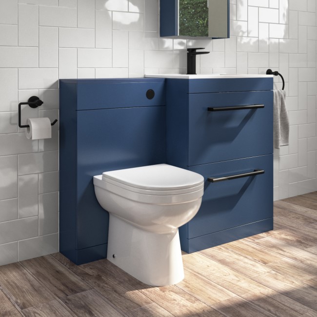 1100mm Blue Toilet and Sink Drawer Unit with Round Toilet and Black Fittings - Ashford
