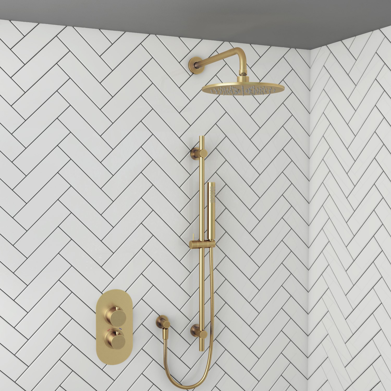 Concealed Dual Handle Round Brushed Brass 2 outlet shower valve with slide rail kit and shower head 