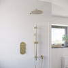 Brushed Brass Dual Outlet Thermostatic Mixer Shower&#160;with&#160;Round Wall Mounted Shower Head &amp; Pencil Handset - Arissa