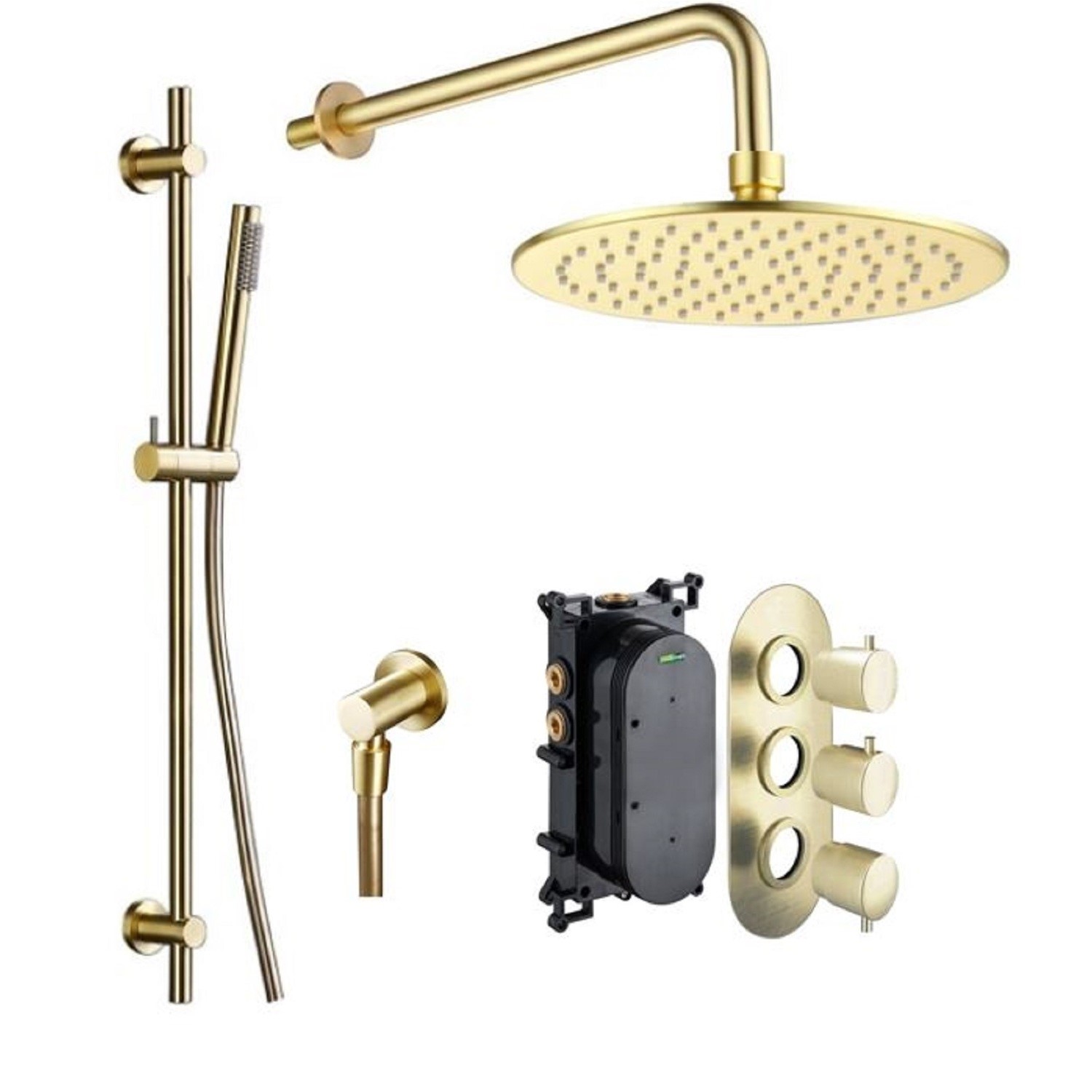 Brushed Brass Concealed Thermostatic Mixer Shower with Wall Mounted Shower Head & Pencil Handset - A
