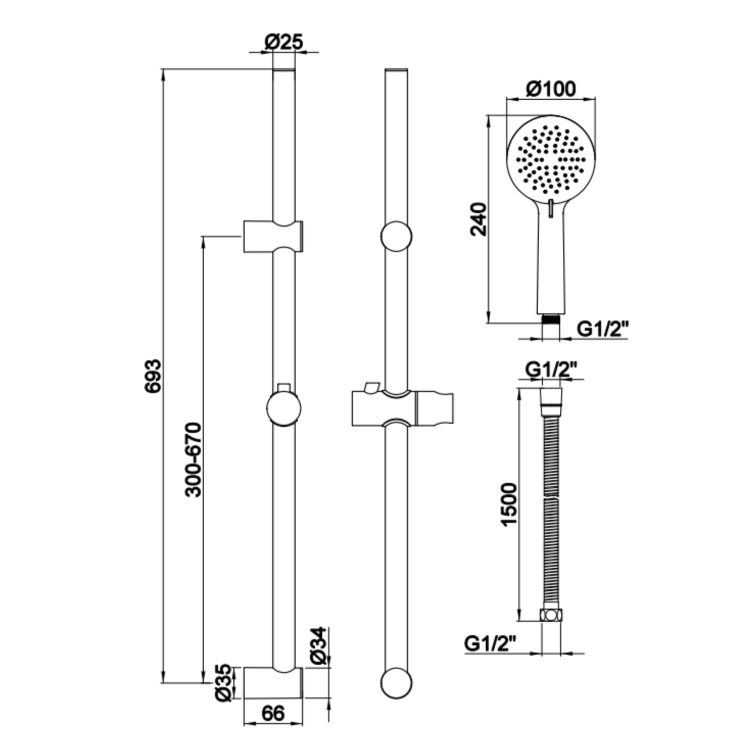 Black 1 Outlet Thermostatic Mixer Shower Set with Hand Shower - Arissa