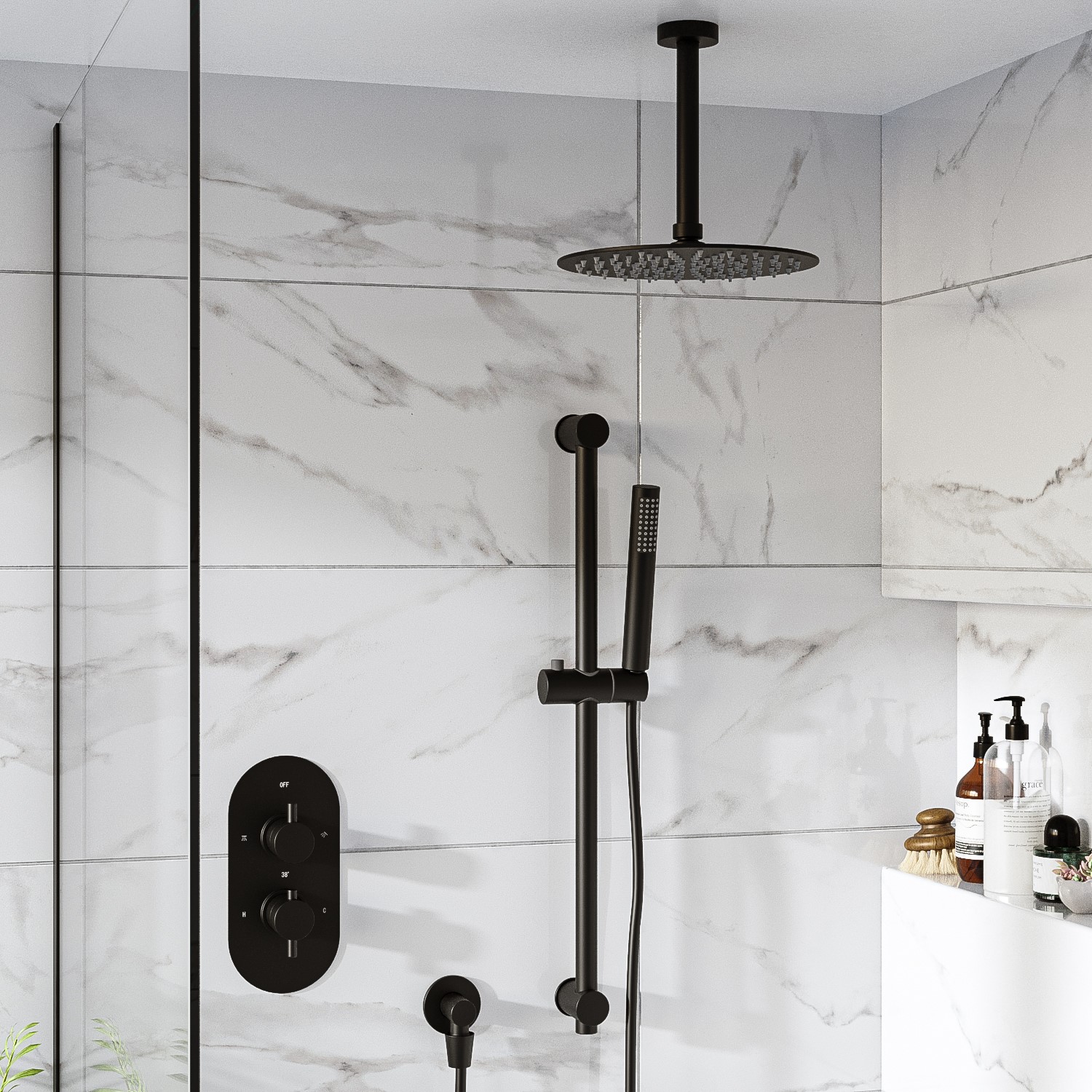 Black Concealed Thermostatic Mixer Shower with Rainfall Overhead & Handset - Arissa